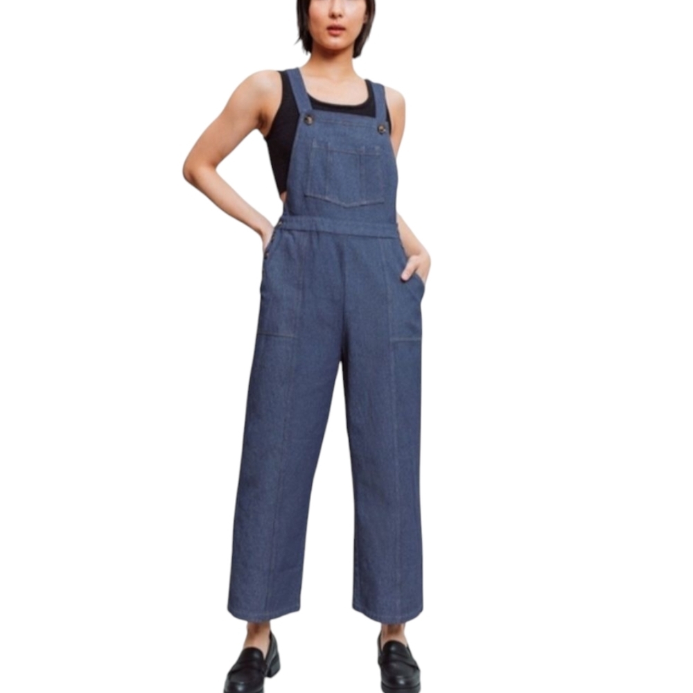 FRNCH Paris Daniella Overalls Medium Blue‎ Marine Wide Leg Soft Cotton Denim NWT